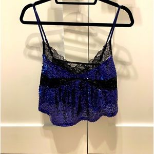 Intimately Free People blue sequin/black lace top. Size M. NWT.